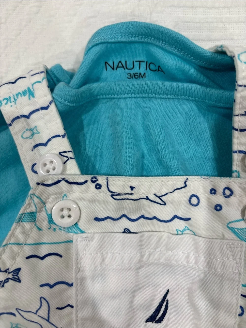Nautica Aqua and White Whale Print Short Overalls Set
